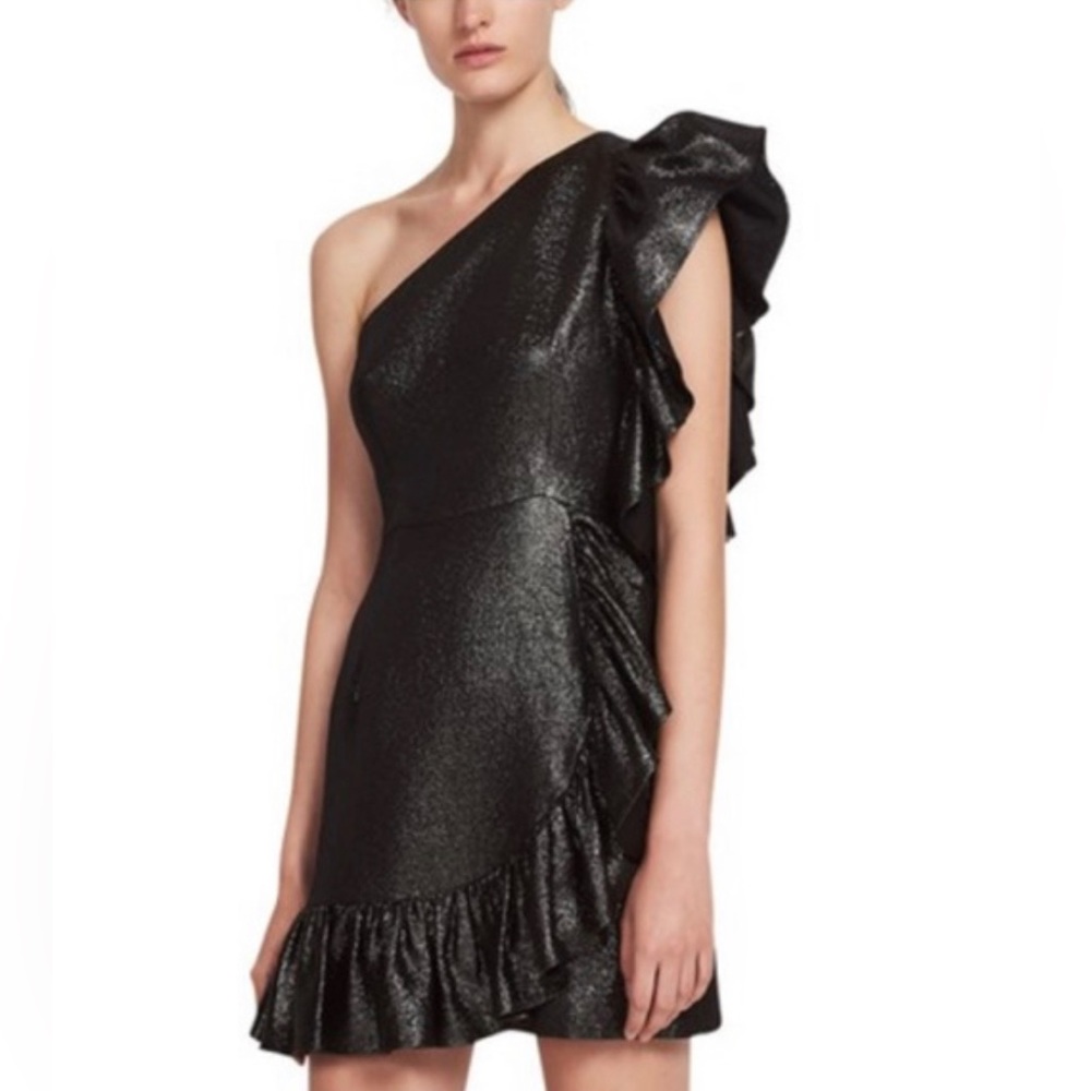 SANDRO EFFIE ARGENT BLACK GOLD
ONE SHOULDER RUFFLE DRESS